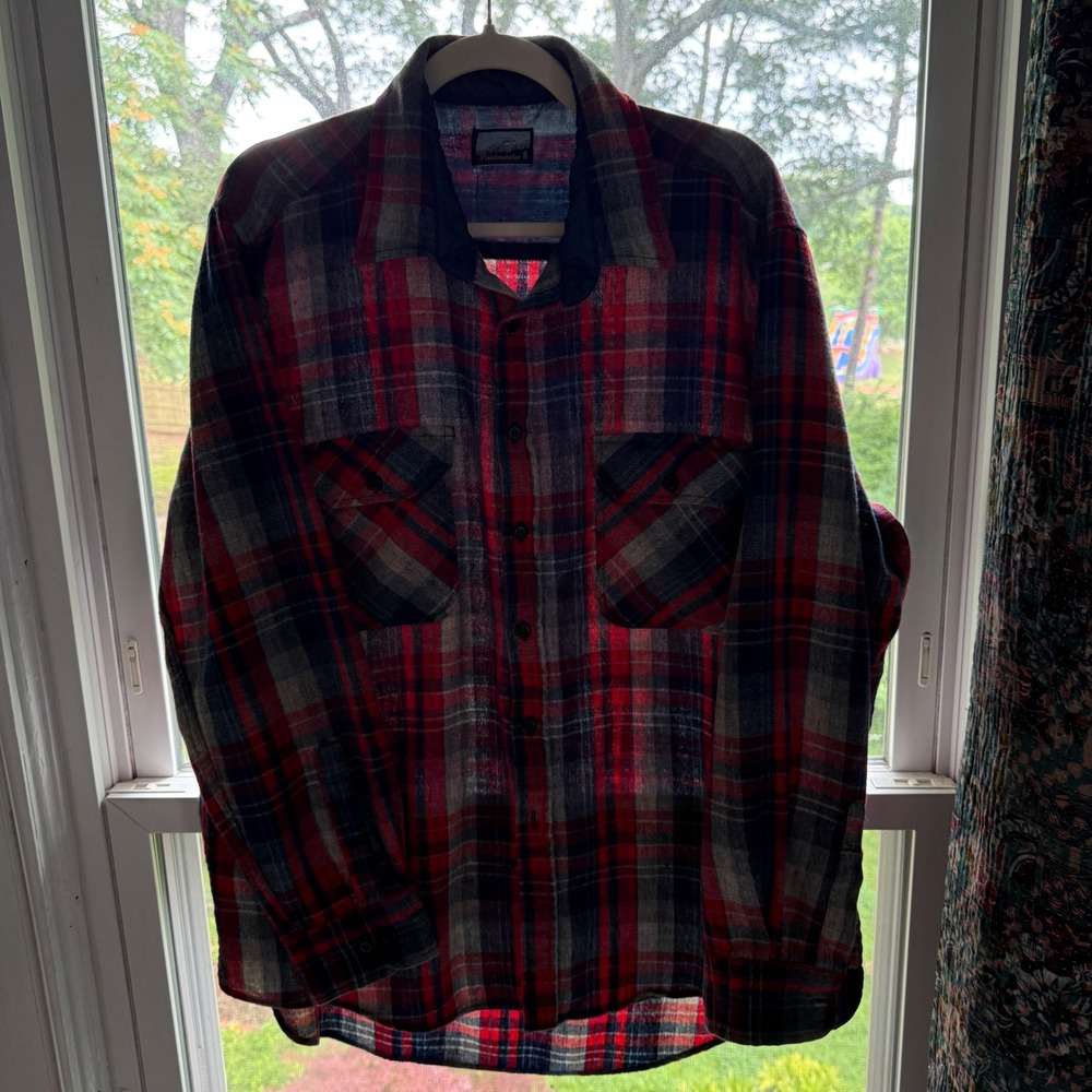 Vintage Fieldmaster Wool Blend Flannel Shirt Tall XL Red Blue Plaid Thrashed